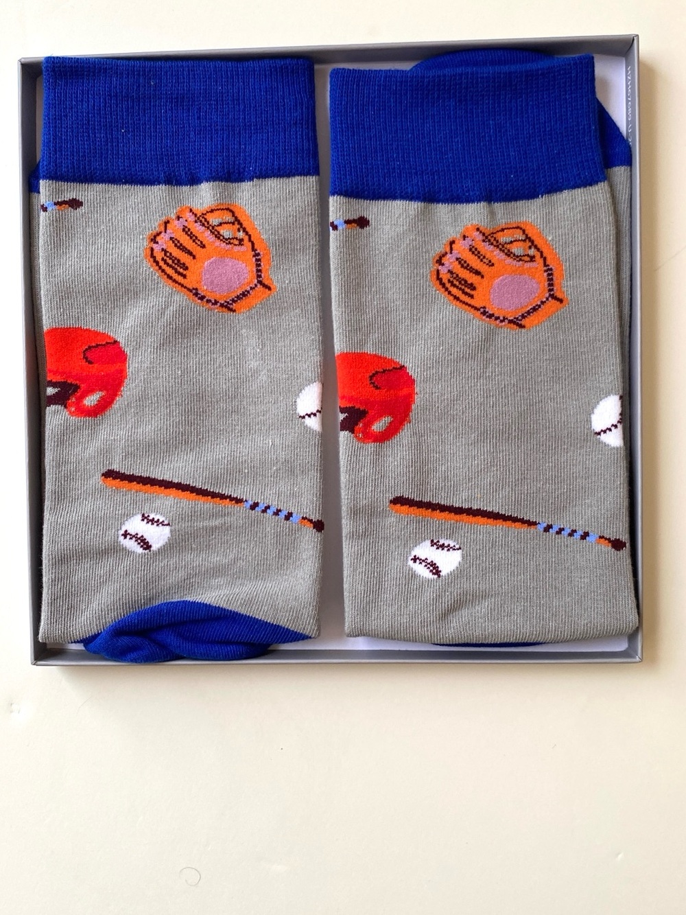 Men's Grey & Blue Baseball Print Novelty Socks Gift Set New In Box
